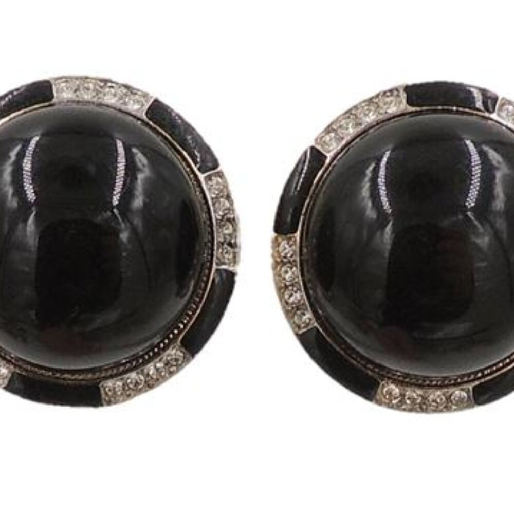Vintage 1980s Kenneth Lane Faux-Onyx Rhinestone Cabochon Clip Earrings
